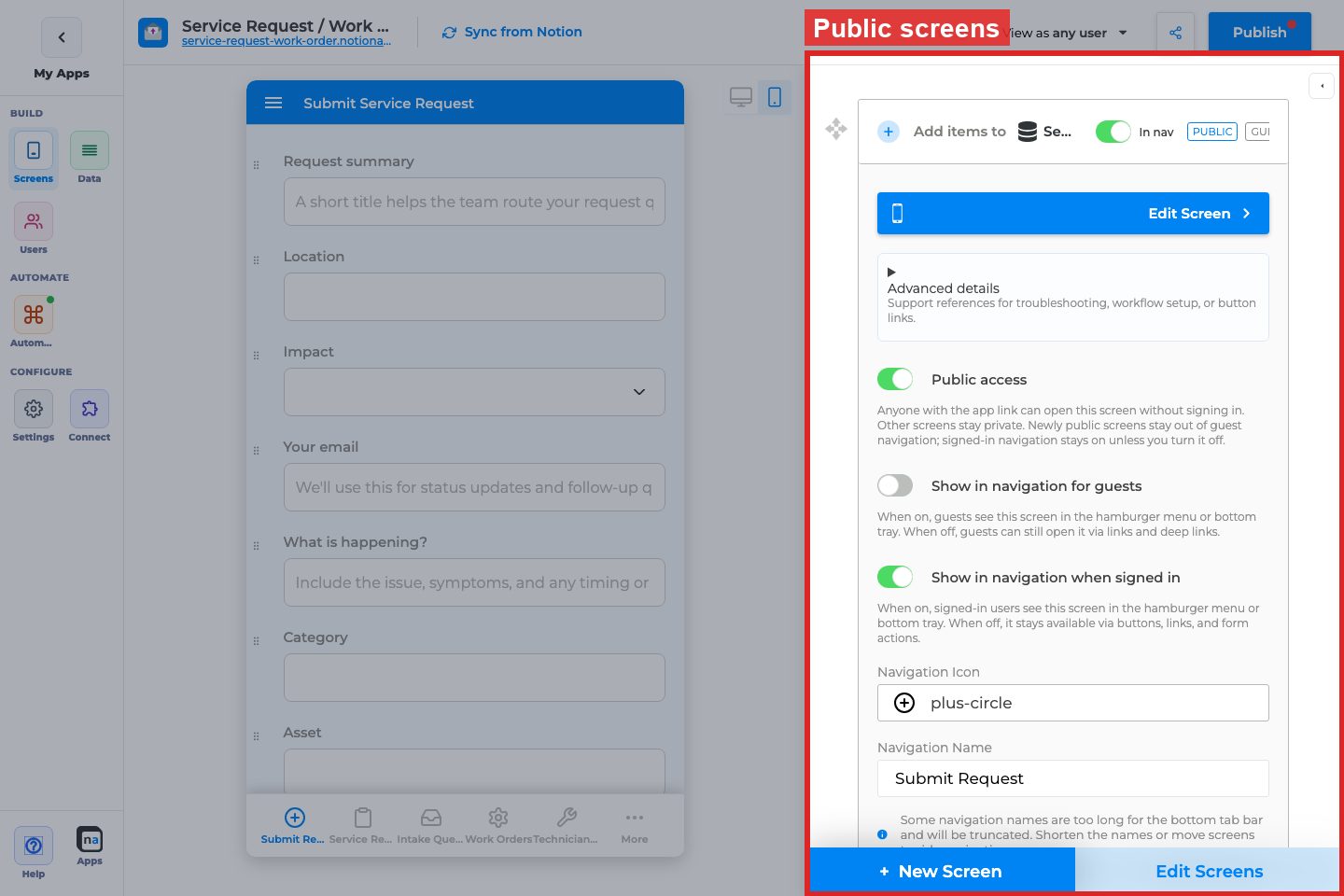 Annotated builder screenshot: Per-screen public access overview