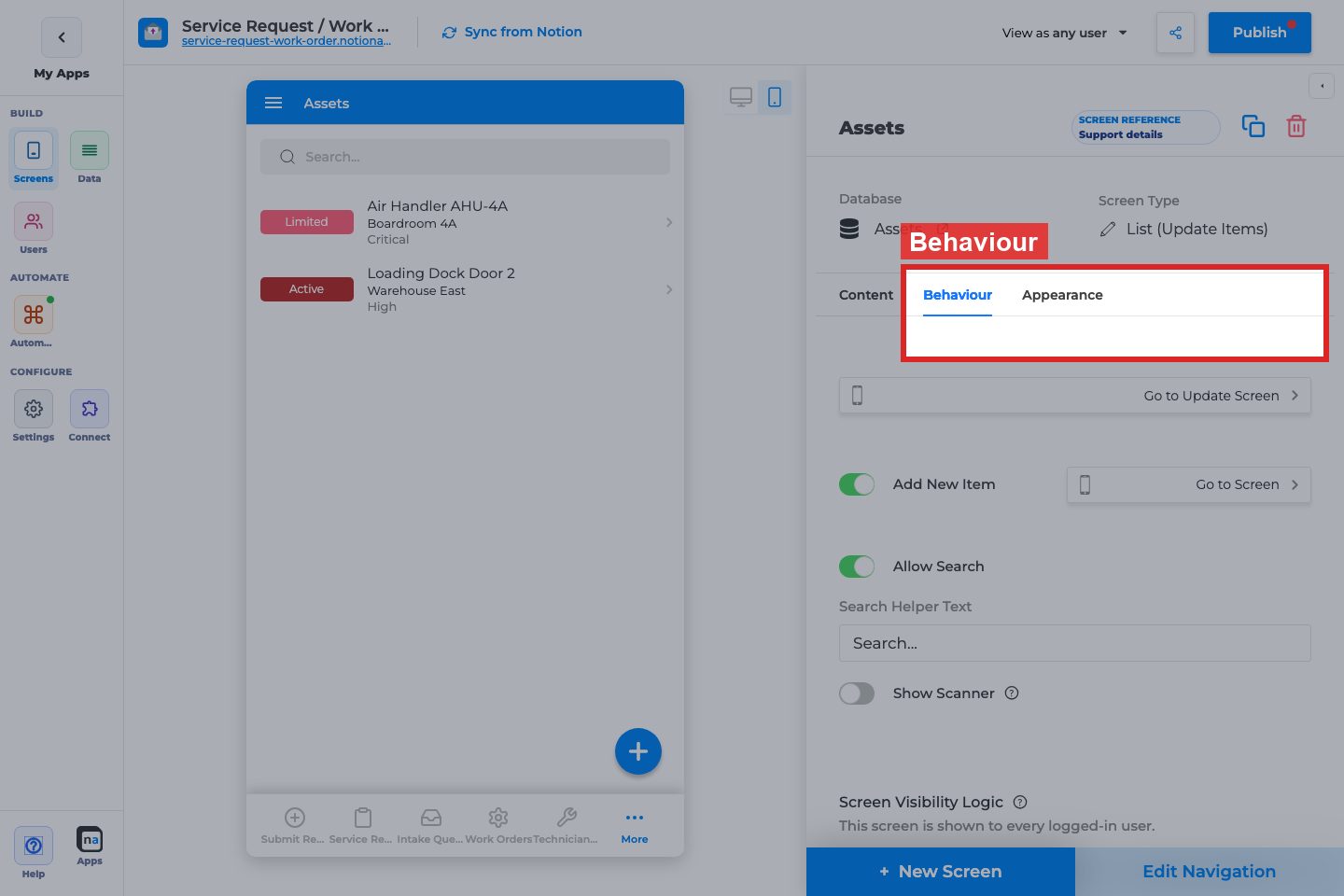 Annotated builder screenshot: Behaviour