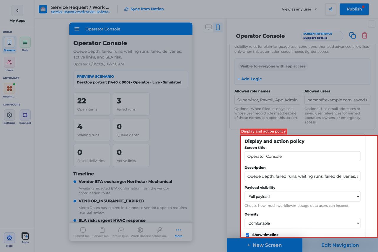 Annotated builder screenshot: Display and action policy