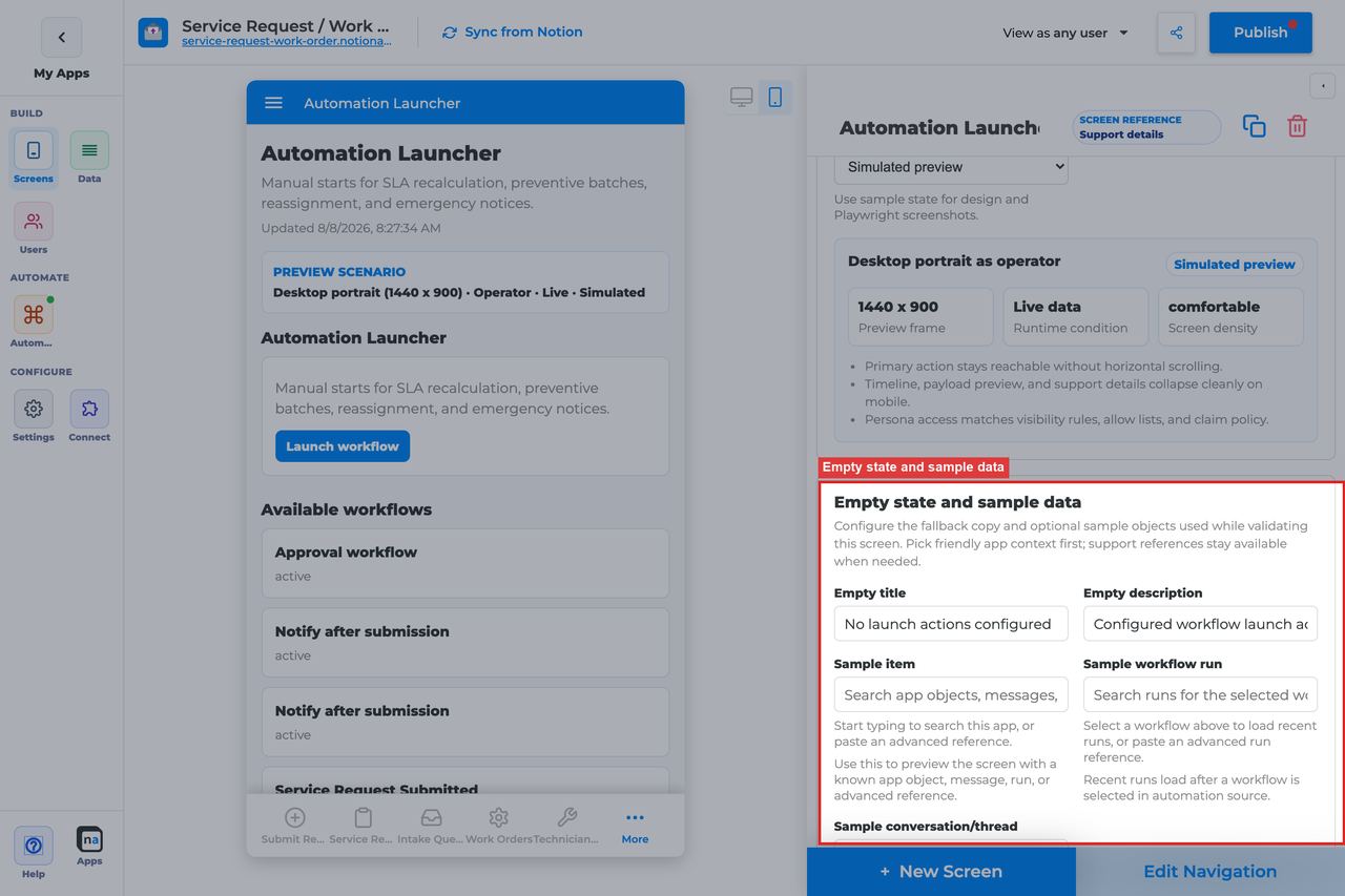 Annotated builder screenshot: Empty state and sample data