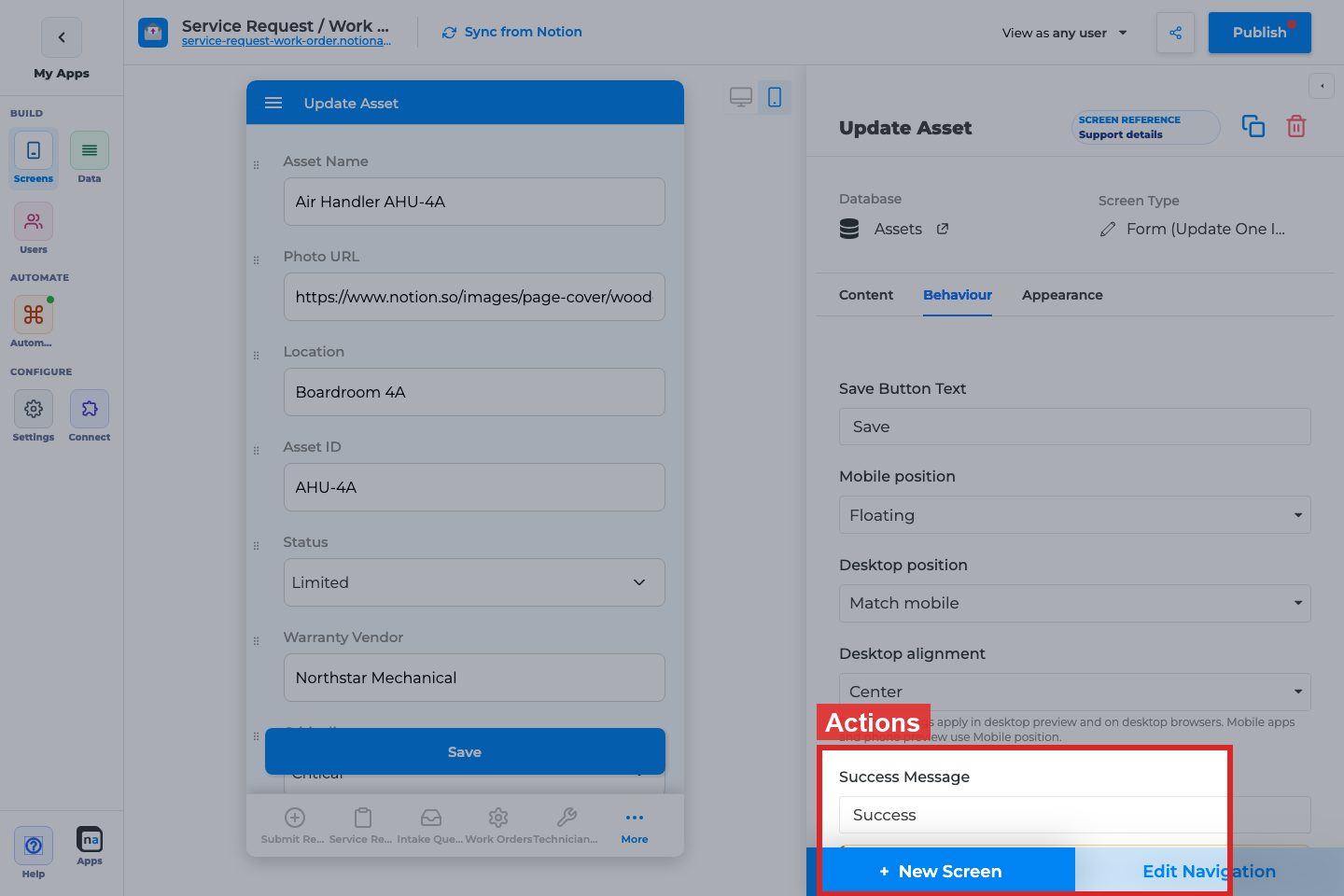 Annotated builder screenshot: Actions