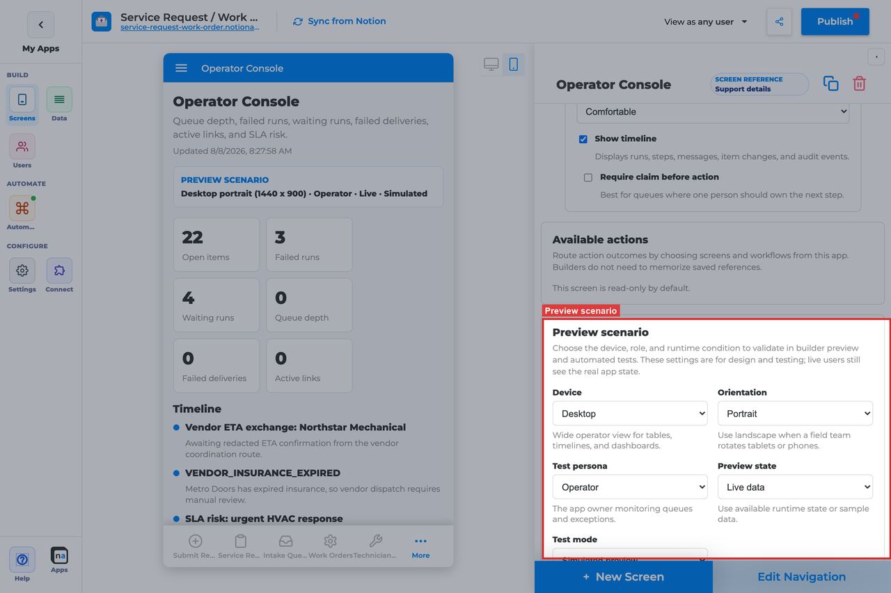 Annotated builder screenshot: Preview scenario