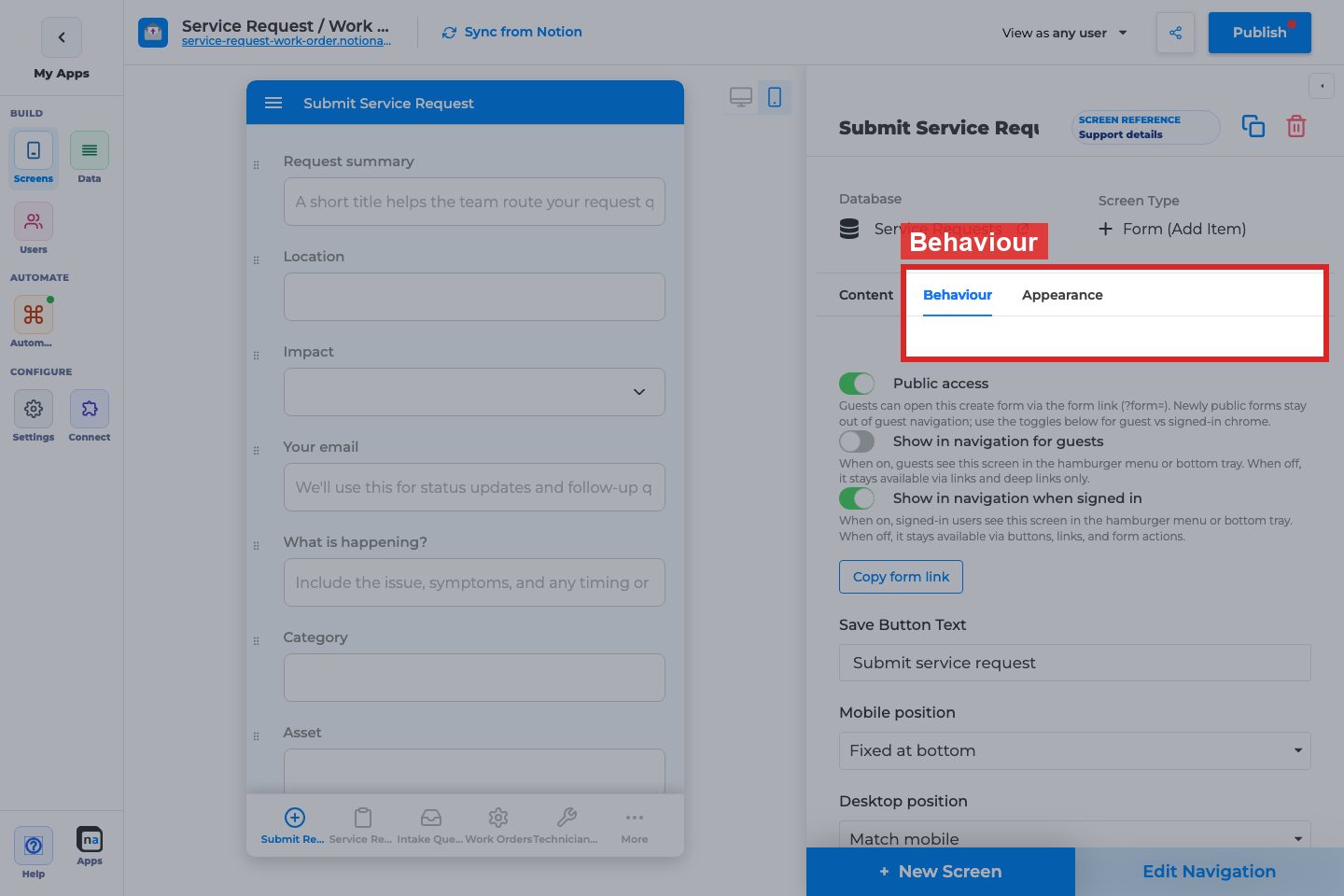 Annotated builder screenshot: Form Behaviour