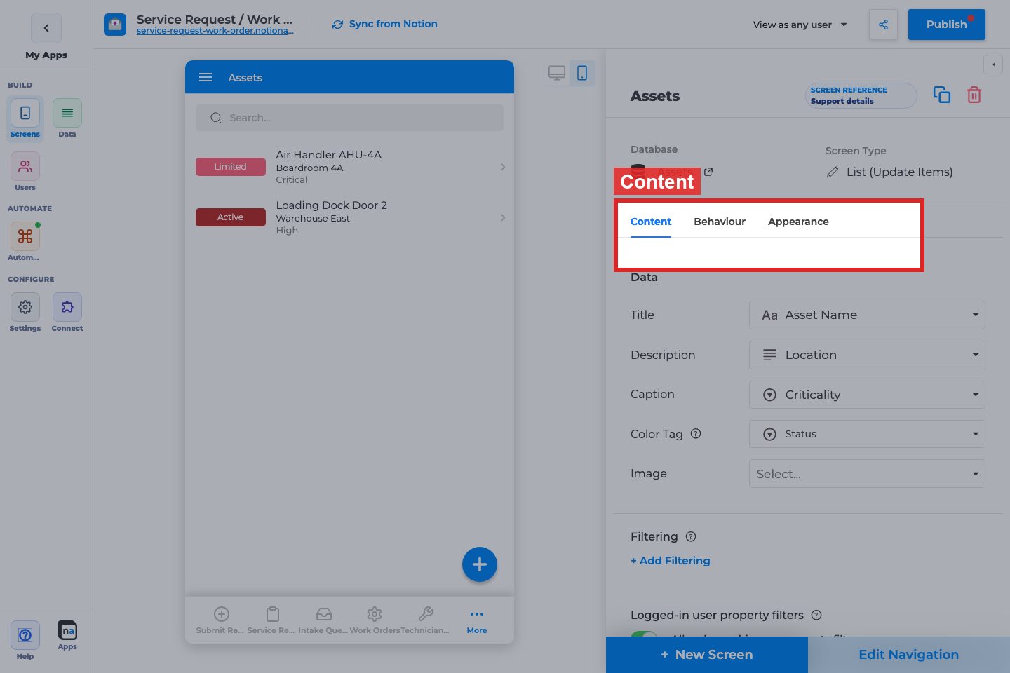 Annotated builder screenshot: Content
