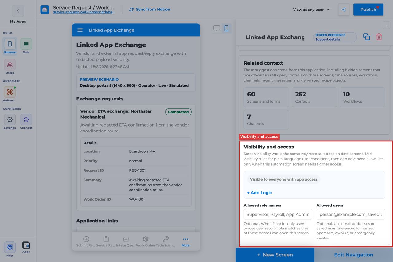 Annotated builder screenshot: Visibility and access