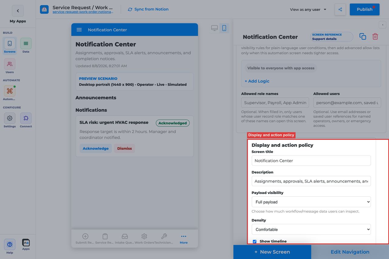 Annotated builder screenshot: Display and action policy