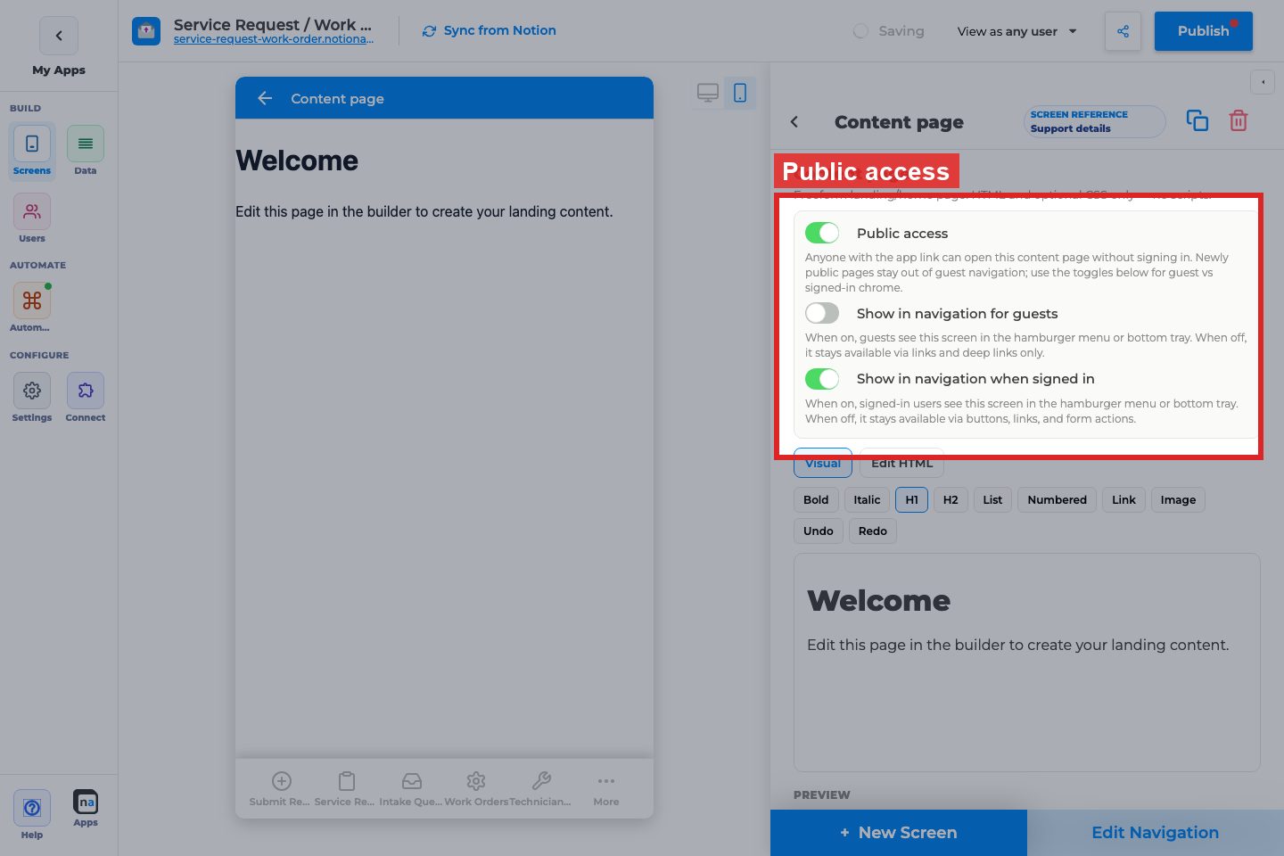 Annotated builder screenshot: Content page public access