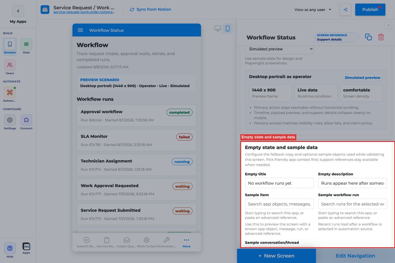 Annotated builder screenshot: Empty state and sample data