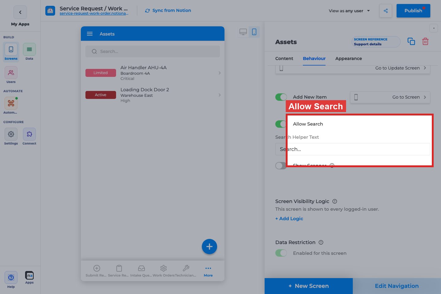 Annotated builder screenshot: Allow Search