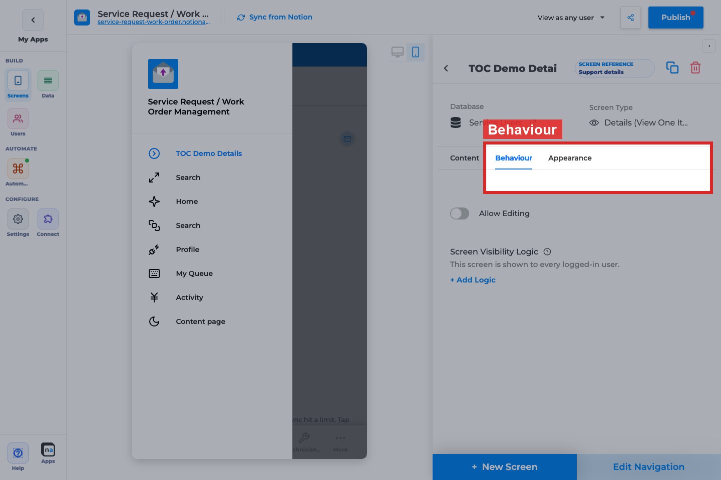 Annotated builder screenshot: Behaviour