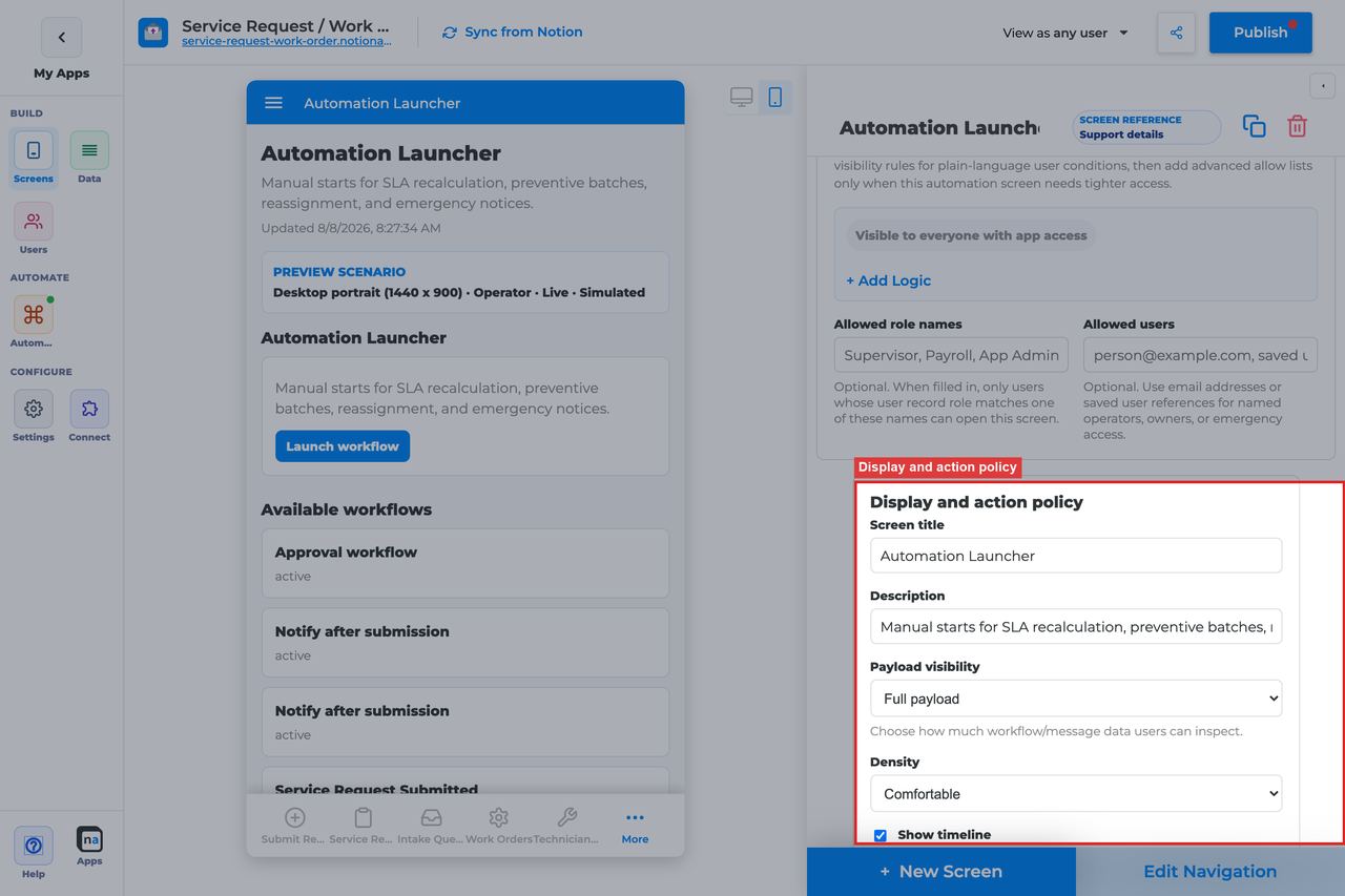 Annotated builder screenshot: Display and action policy