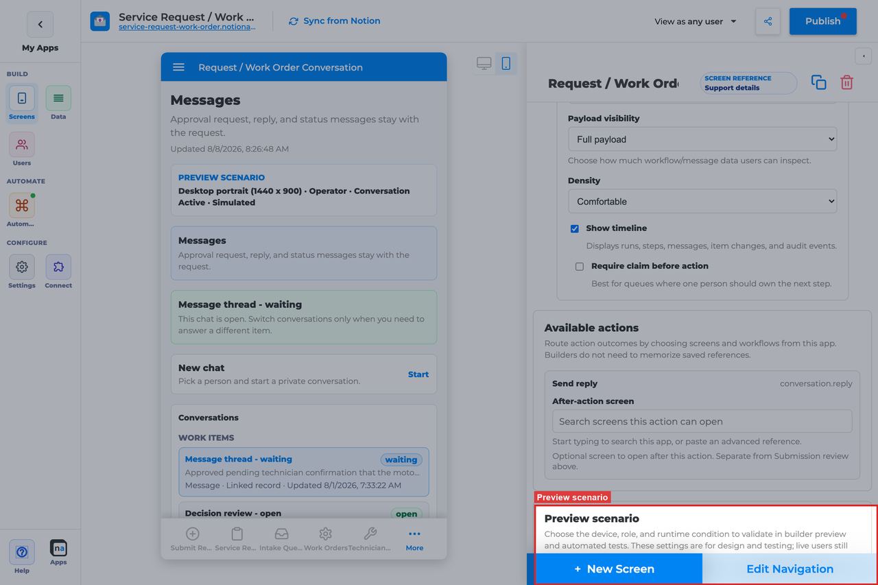 Annotated builder screenshot: Preview scenario