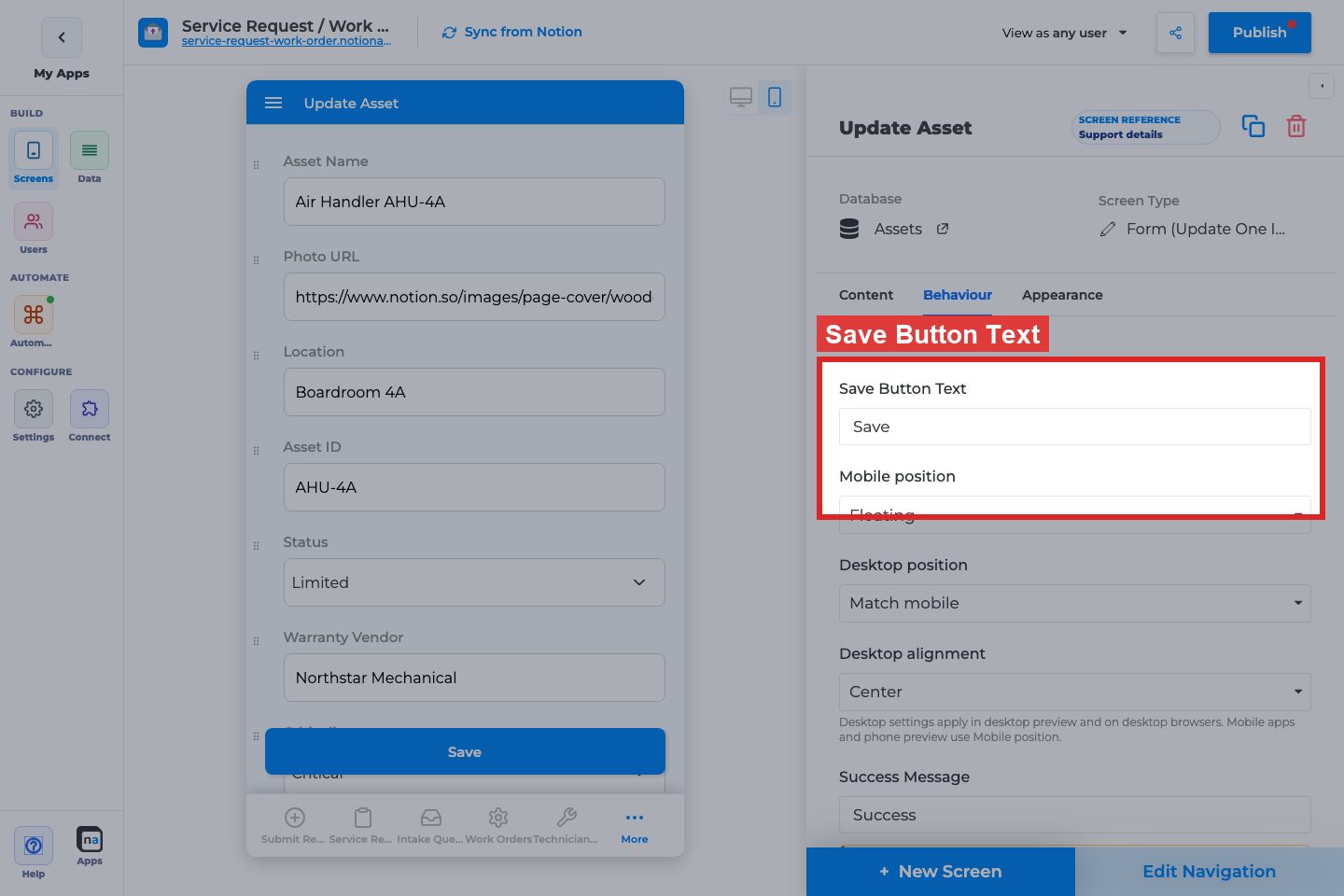Annotated builder screenshot: Save Button Text