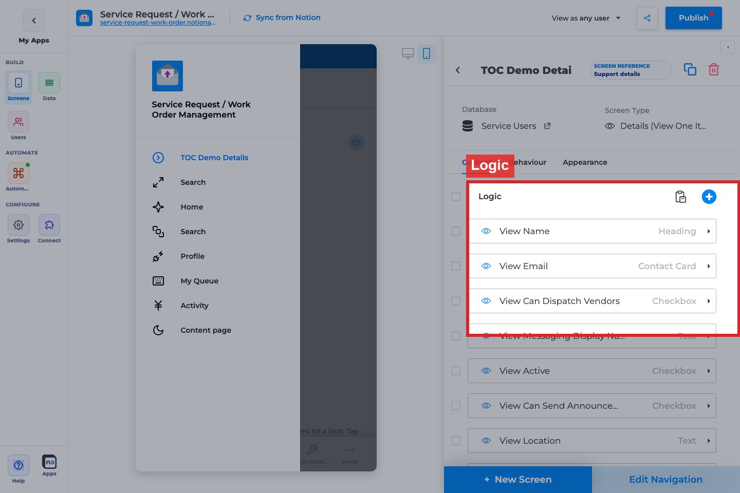 Annotated builder screenshot: Details Logic