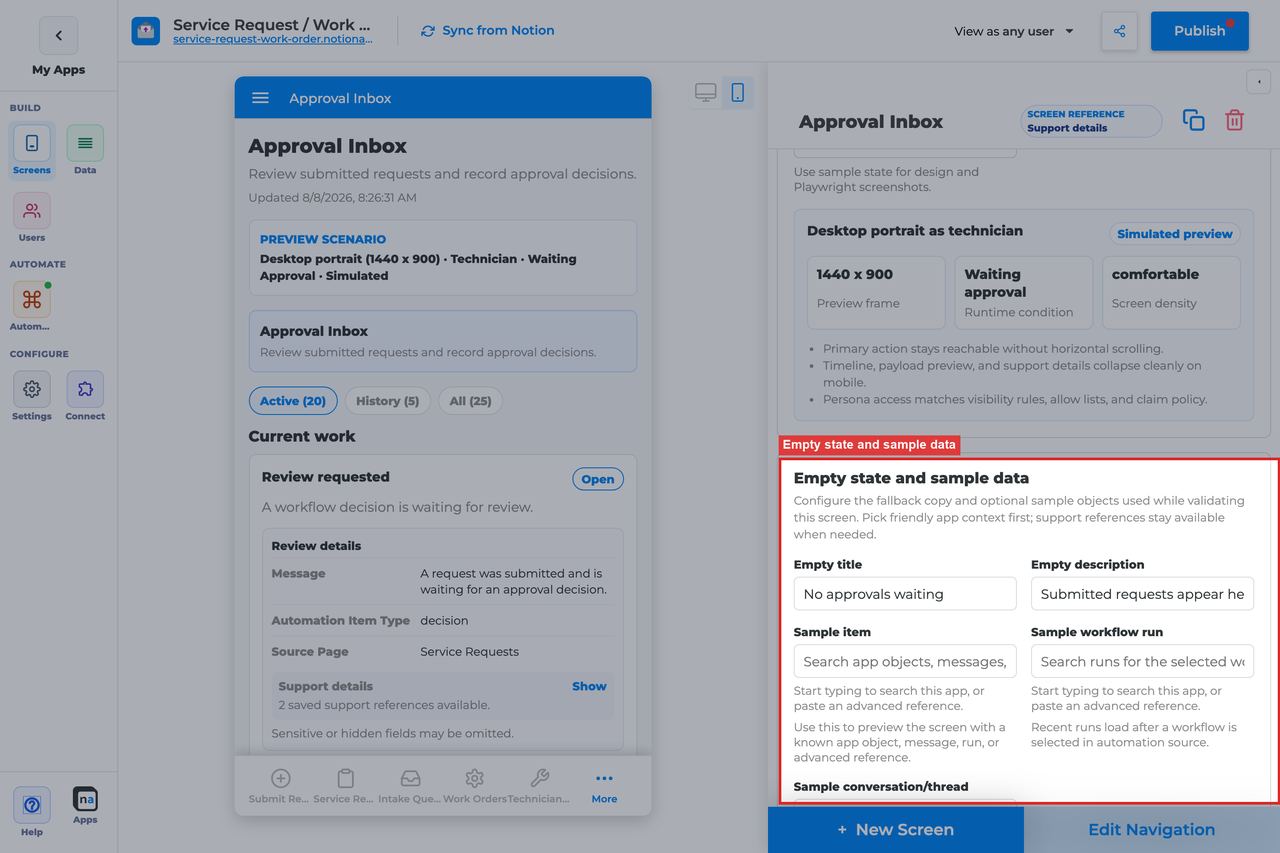 Annotated builder screenshot: Empty state and sample data