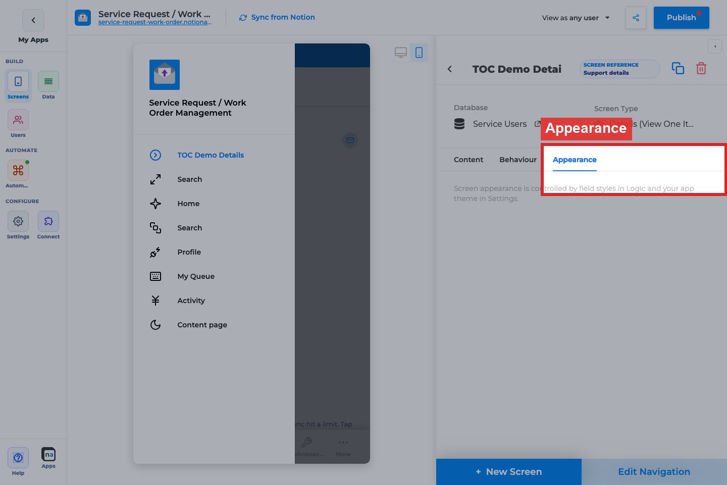 Annotated builder screenshot: Appearance