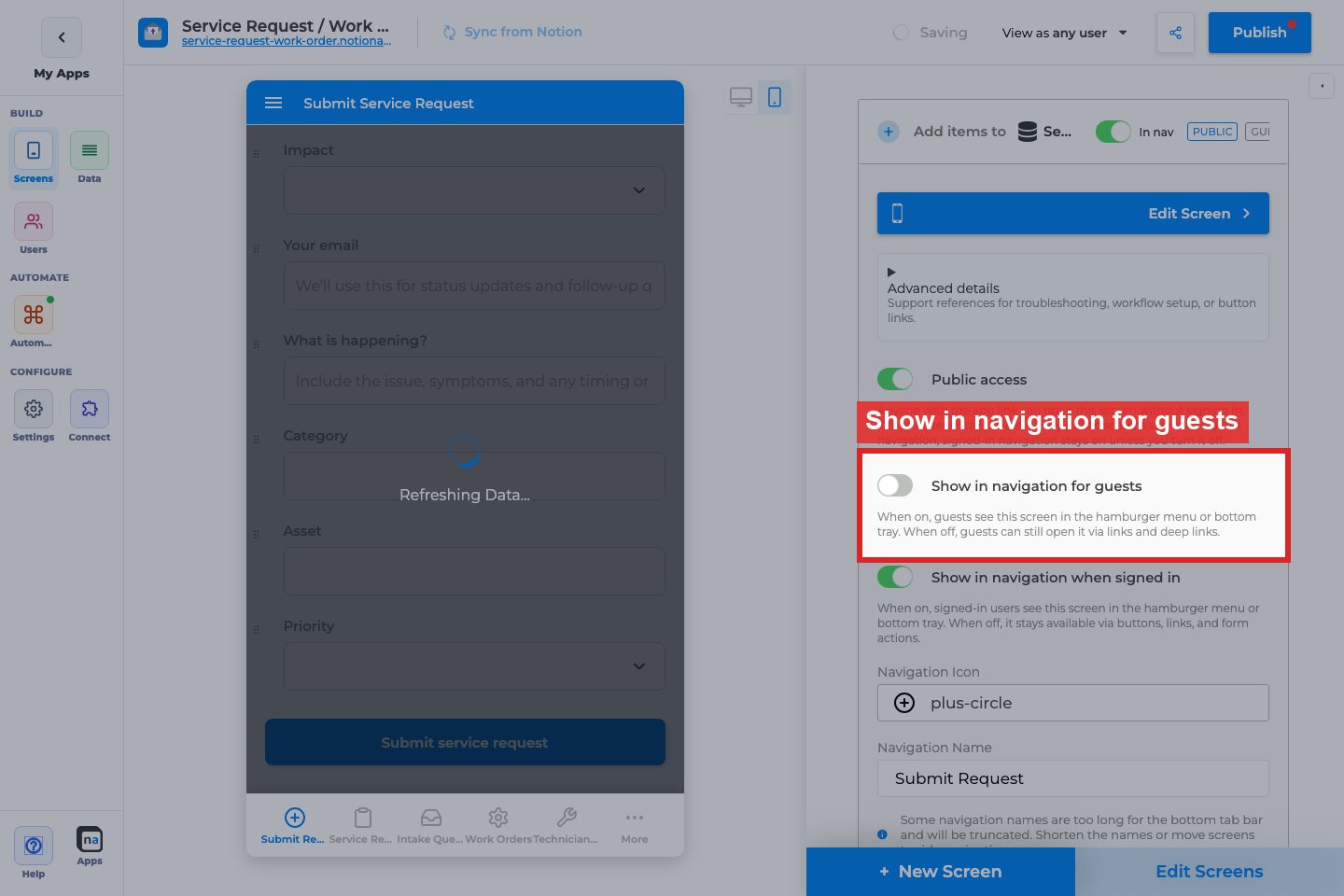 Annotated builder screenshot: Show in navigation for guests