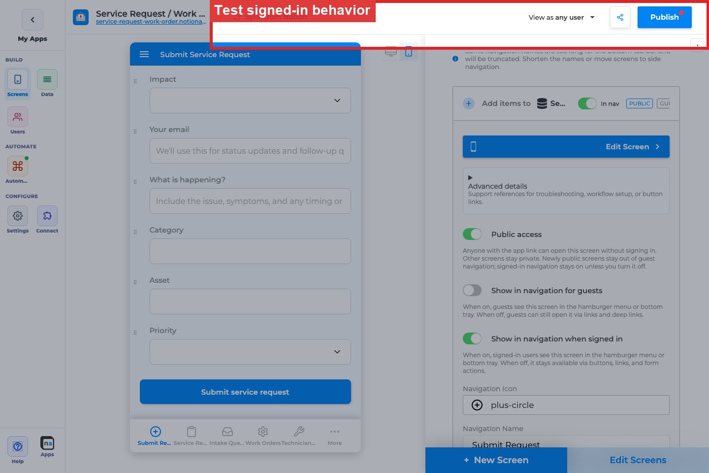 Annotated builder screenshot: Test while signed in