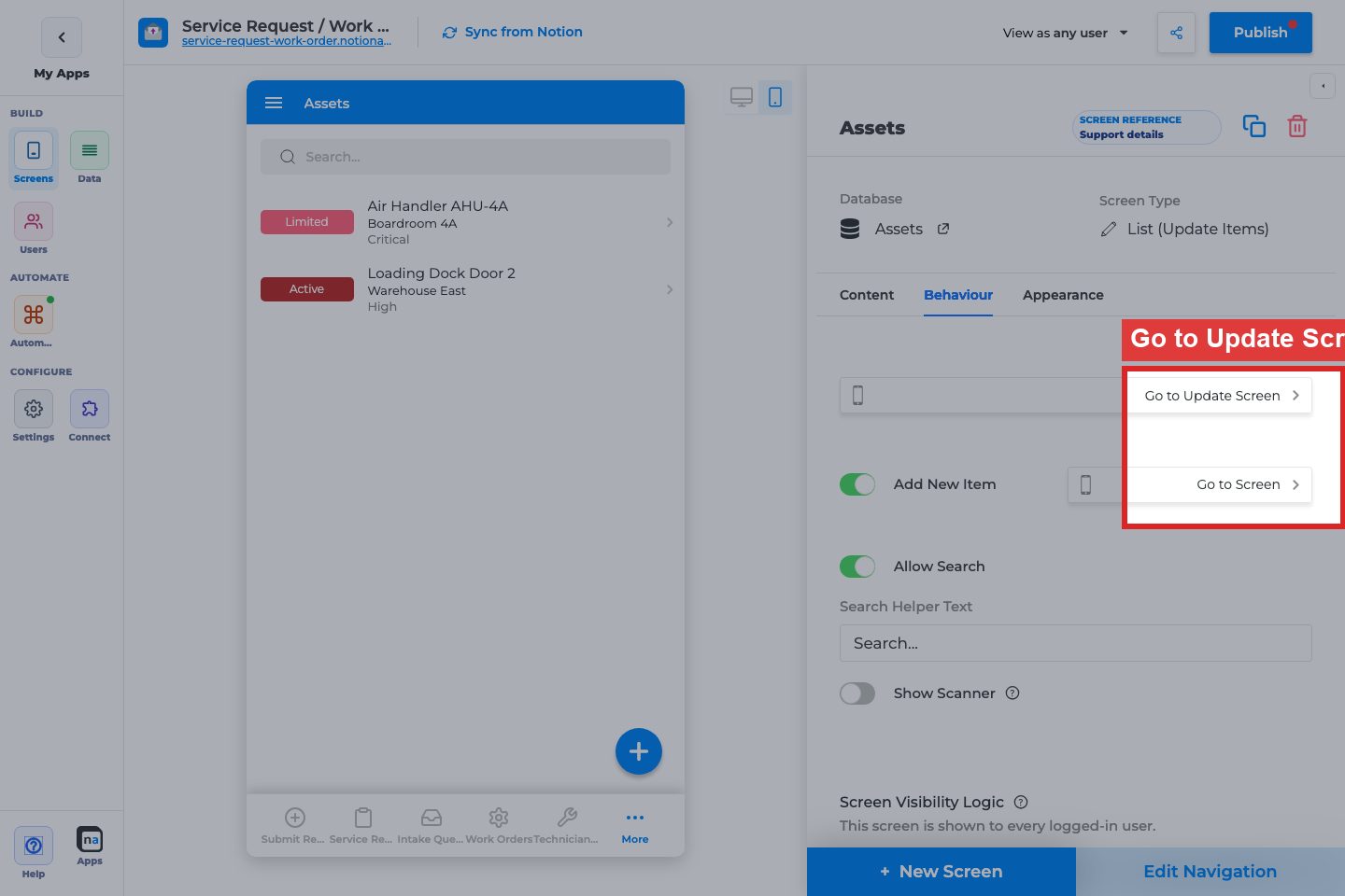 Annotated builder screenshot: Open Item On Click