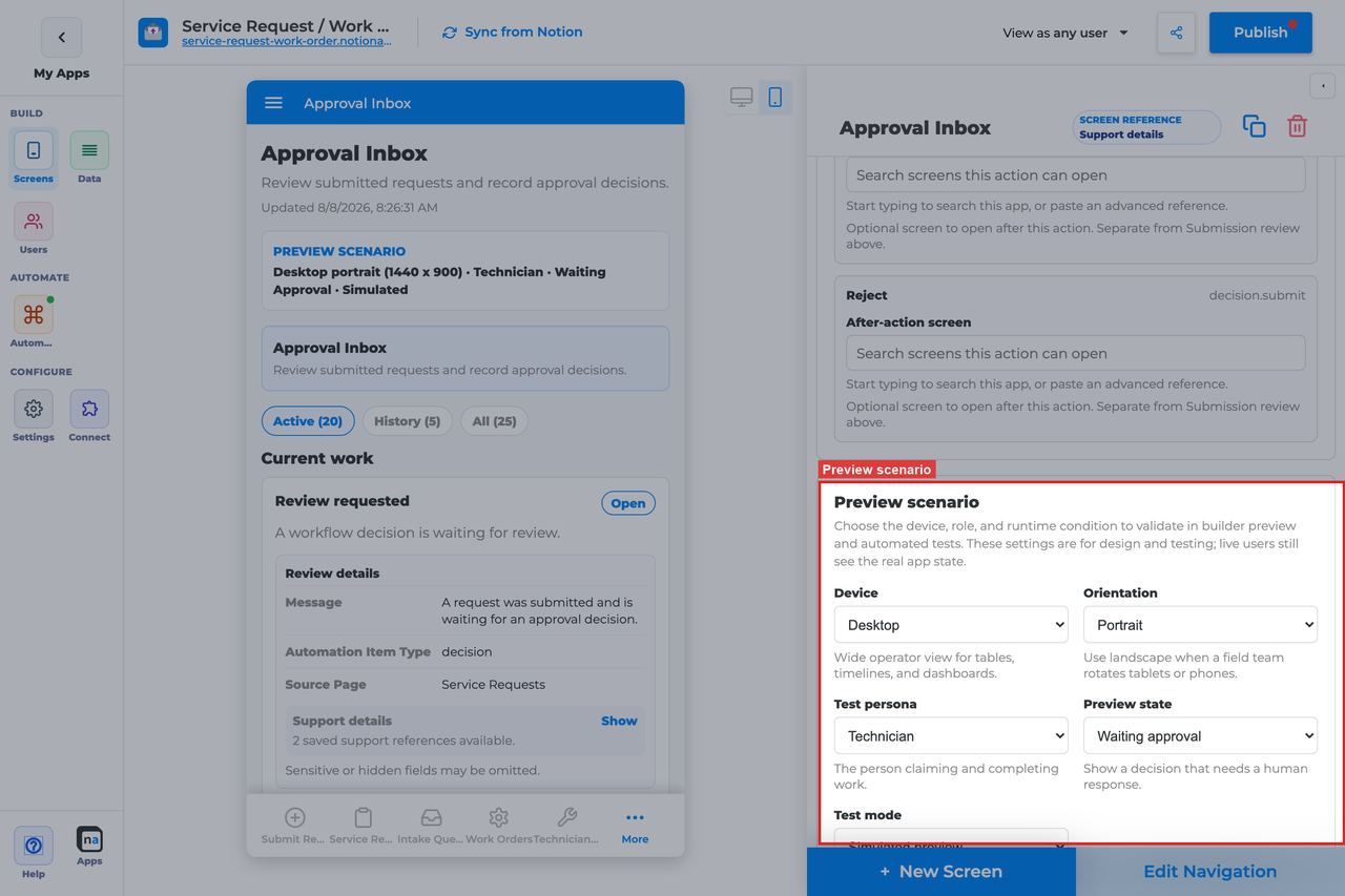 Annotated builder screenshot: Preview scenario