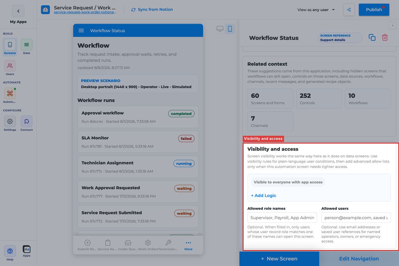 Annotated builder screenshot: Visibility and access