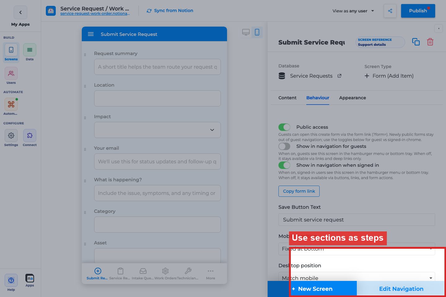 Annotated builder screenshot: Use sections as steps