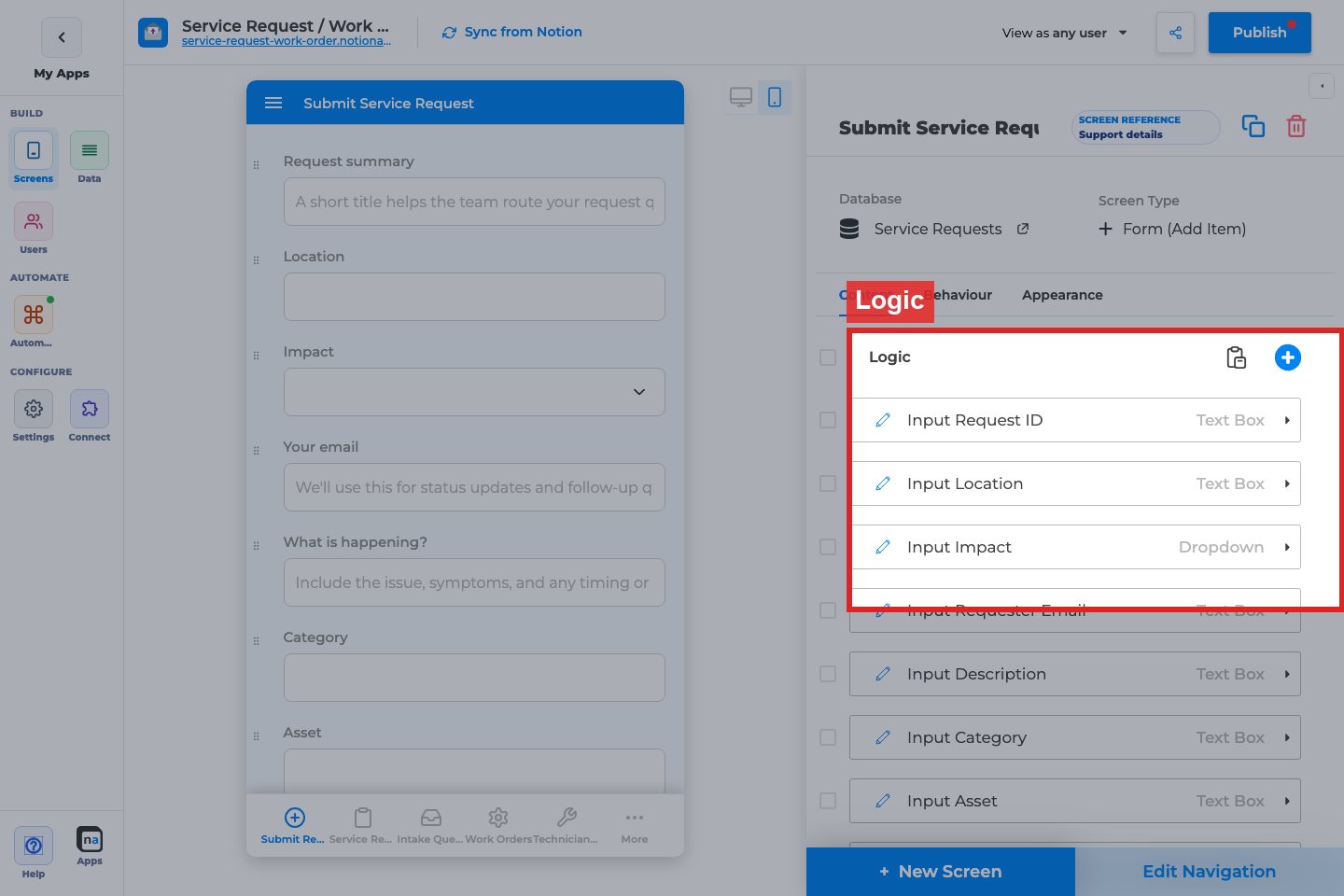 Annotated builder screenshot: Form Logic / fields