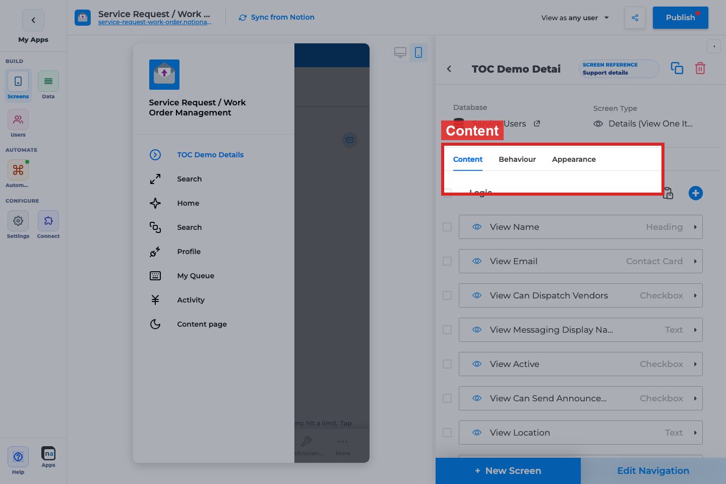 Annotated builder screenshot: Content