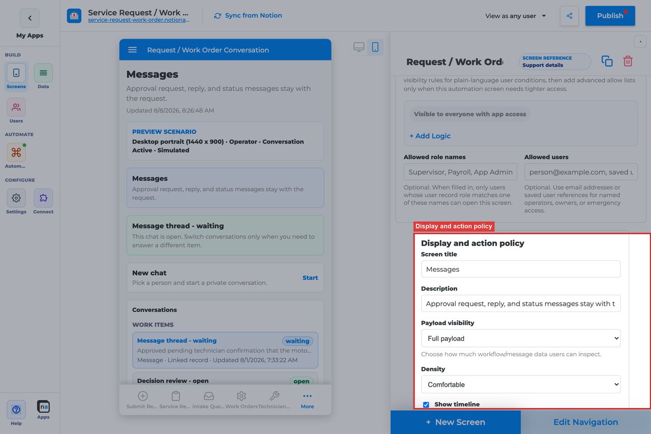 Annotated builder screenshot: Display and action policy