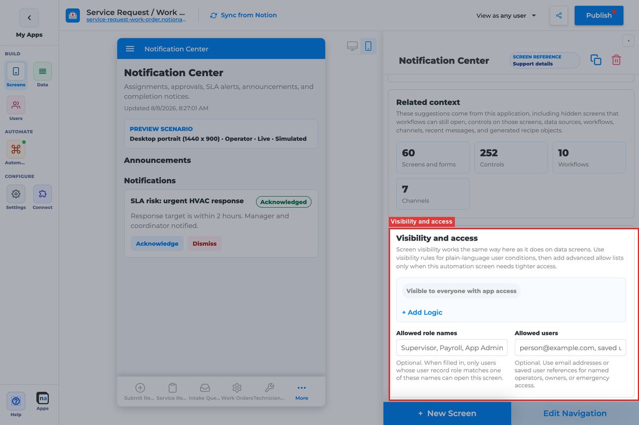 Annotated builder screenshot: Visibility and access