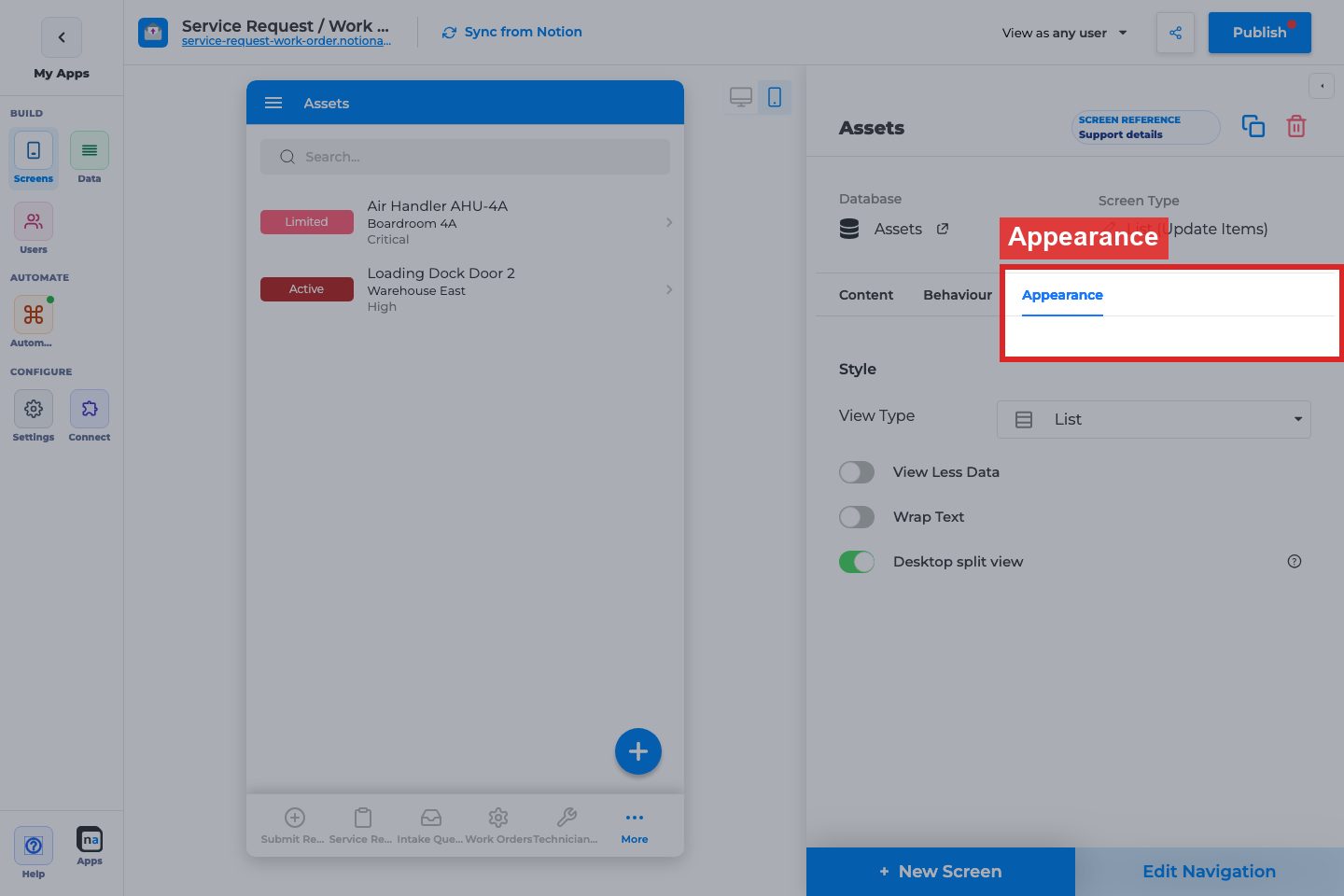 Annotated builder screenshot: Appearance