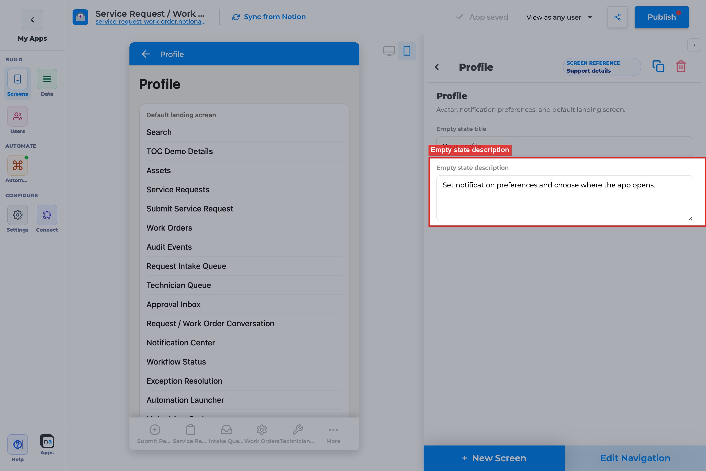 Annotated builder screenshot: Empty state description