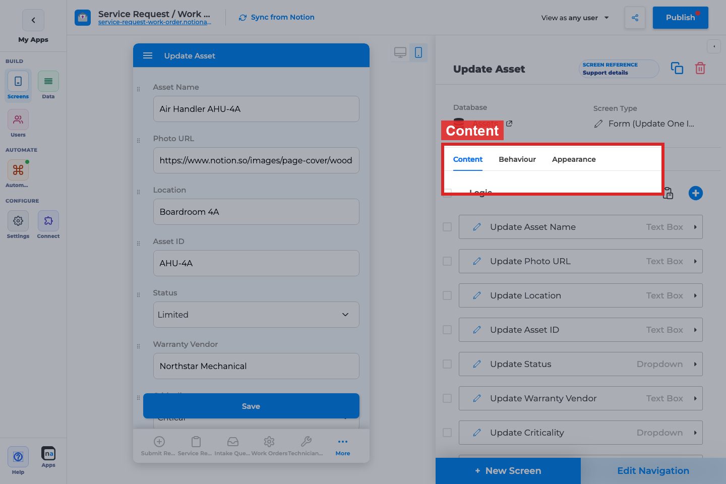 Annotated builder screenshot: Content