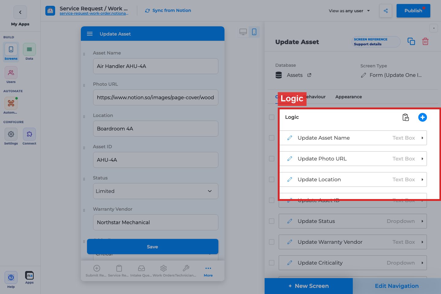 Annotated builder screenshot: Logic