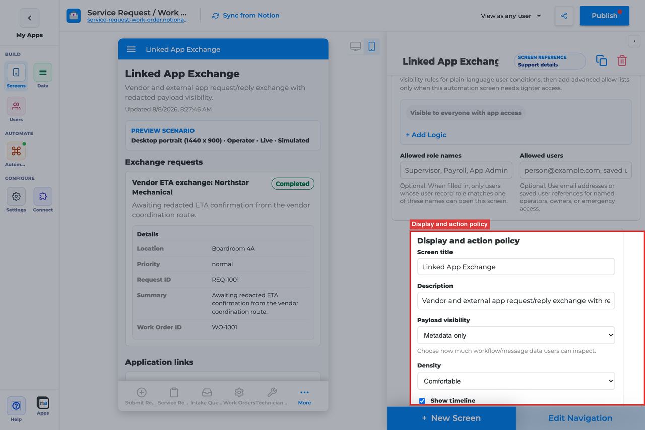 Annotated builder screenshot: Display and action policy