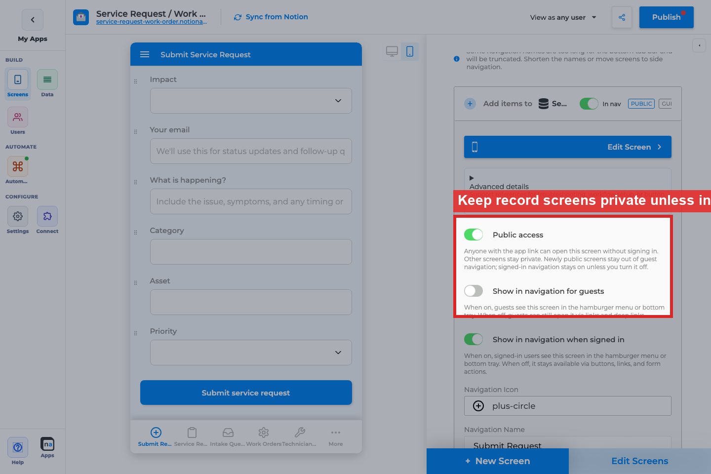 Annotated builder screenshot: Linked destinations must match guest flow