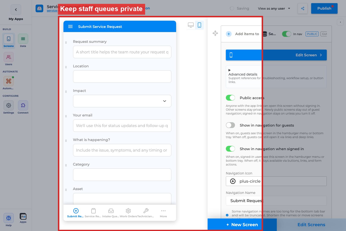 Annotated builder screenshot: Keep sensitive screens private