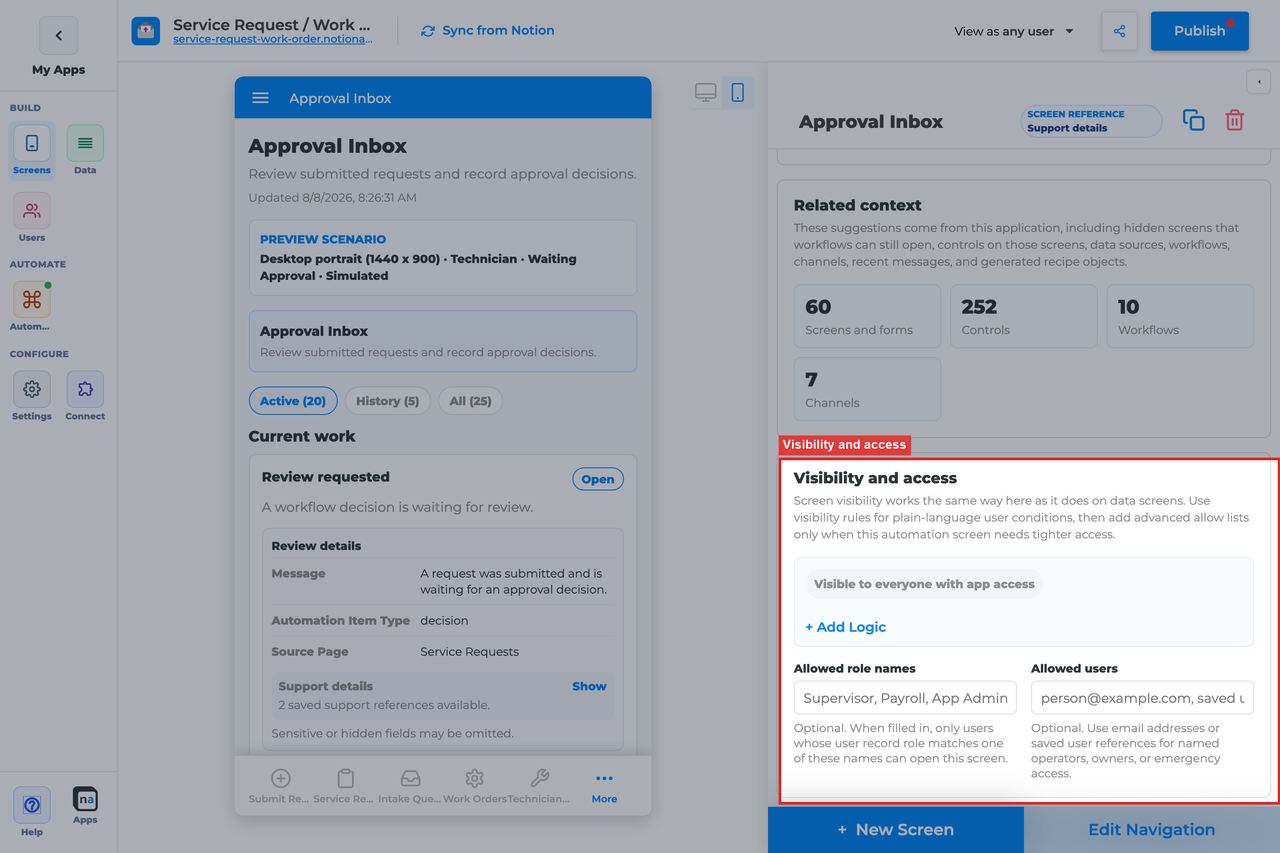 Annotated builder screenshot: Visibility and access