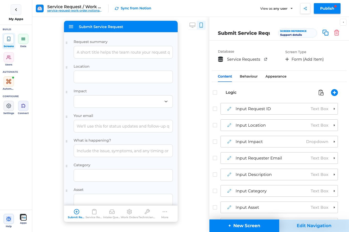 Annotated builder screenshot: Create Form with public settings