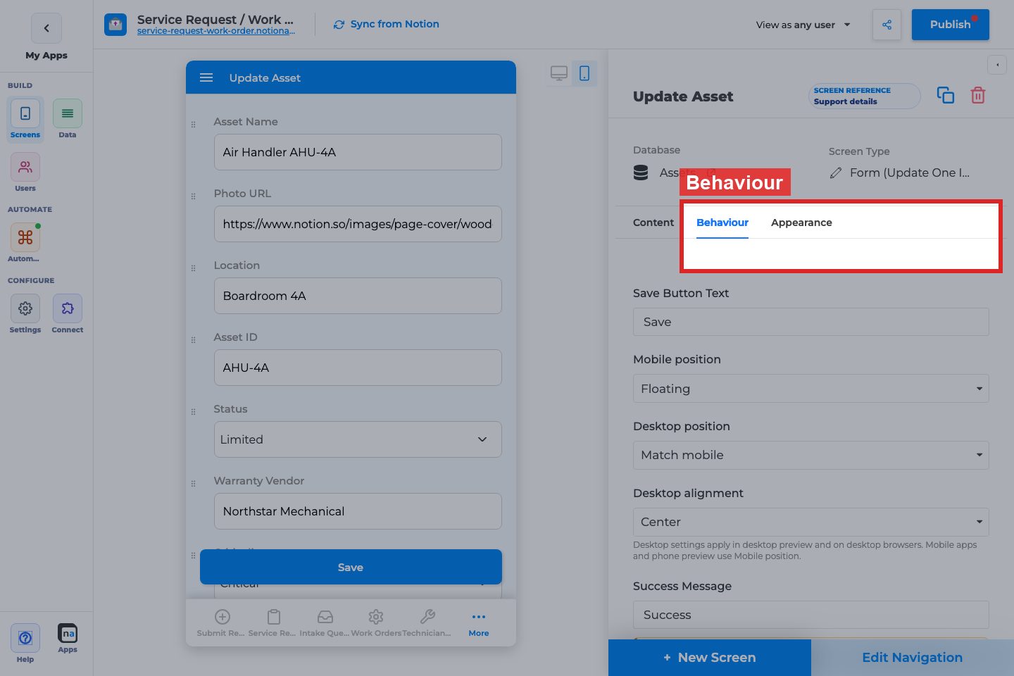 Annotated builder screenshot: Behaviour