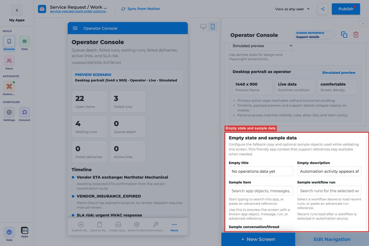 Annotated builder screenshot: Empty state and sample data