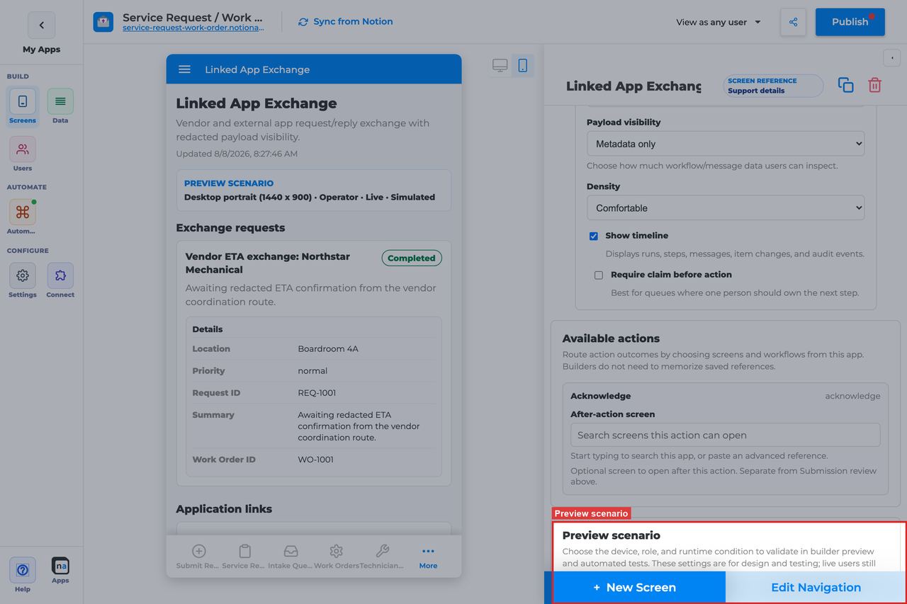 Annotated builder screenshot: Preview scenario