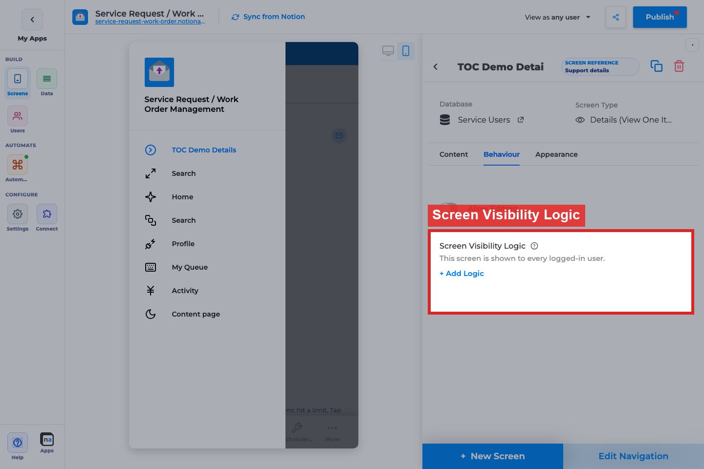 Annotated builder screenshot: Screen Visibility Logic