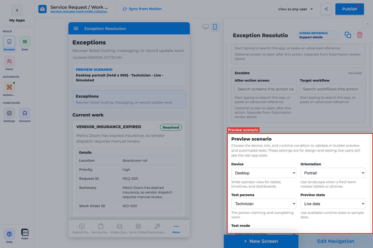 Annotated builder screenshot: Preview scenario