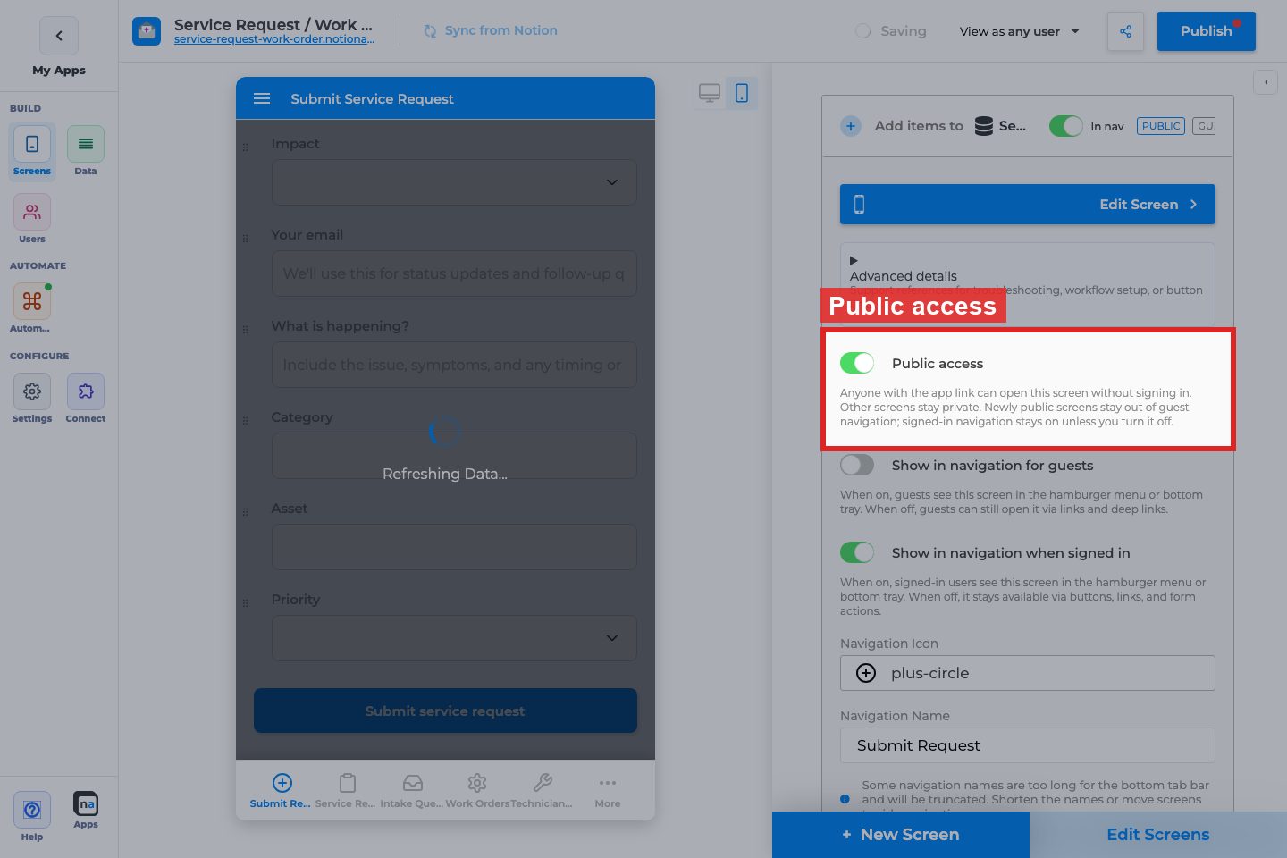 Annotated builder screenshot: Turn on Public access