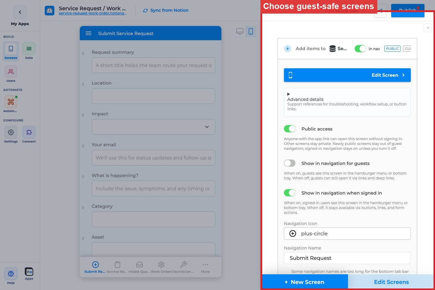 Annotated builder screenshot: Choose safe public screens