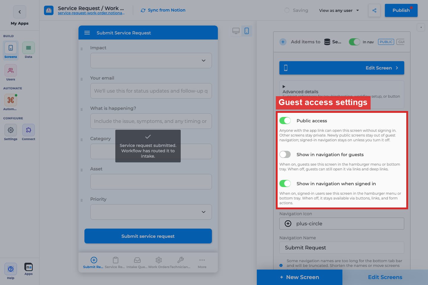 Annotated builder screenshot: Guest access boundary