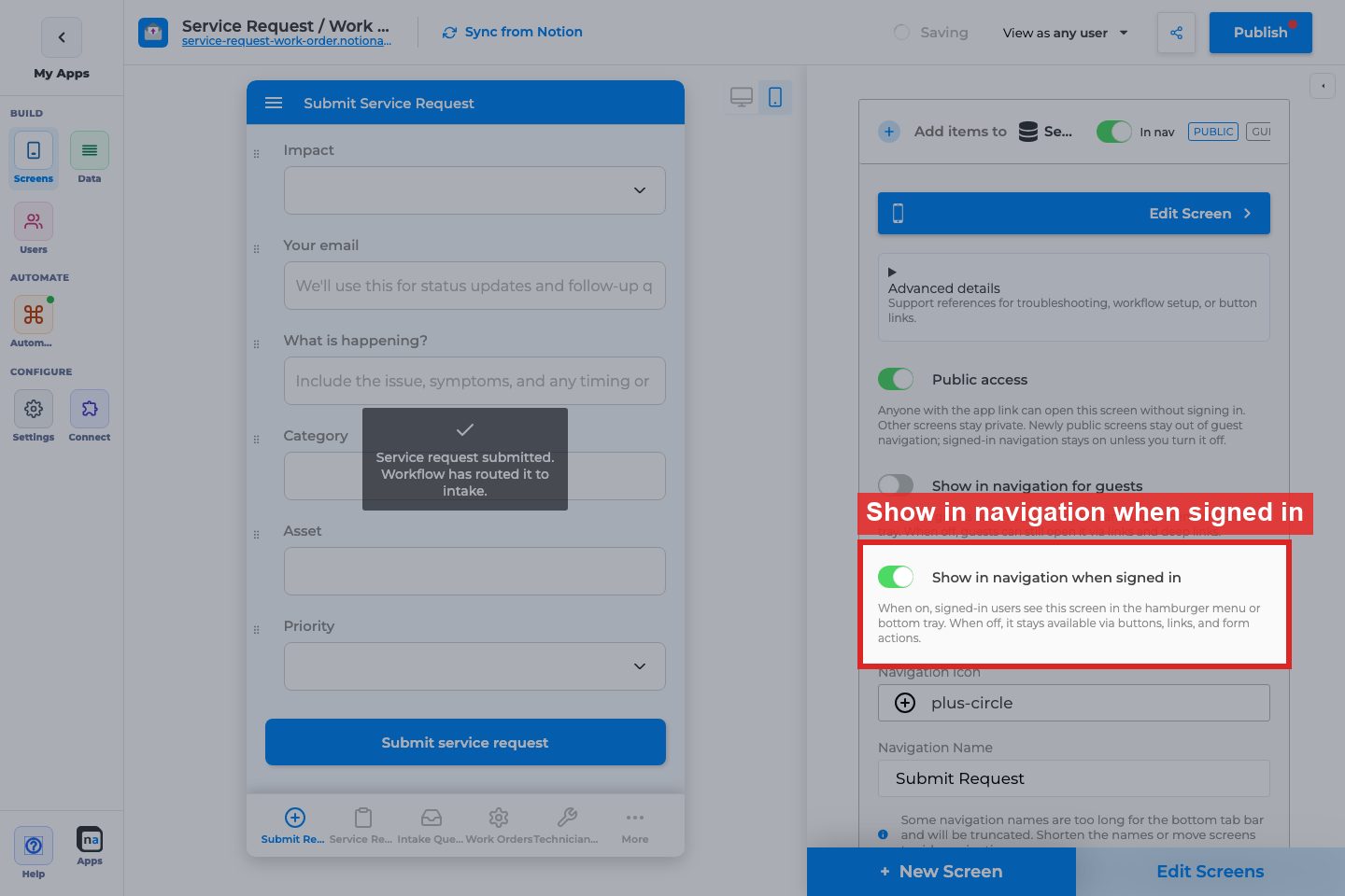 Annotated builder screenshot: Show in navigation when signed in