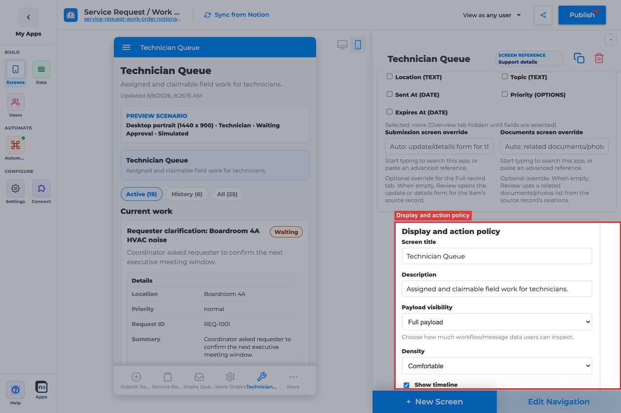 Annotated builder screenshot: Display and action policy