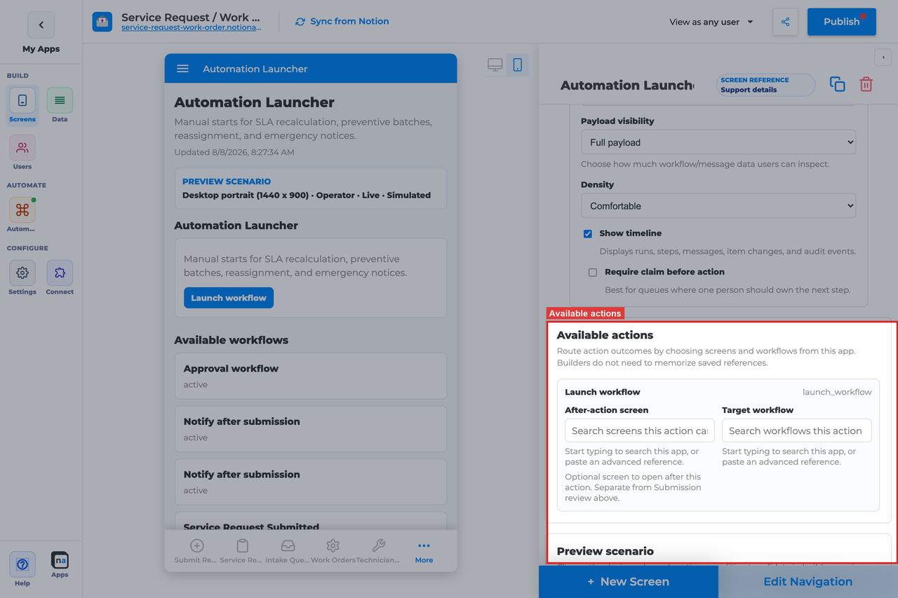 Annotated builder screenshot: Available actions